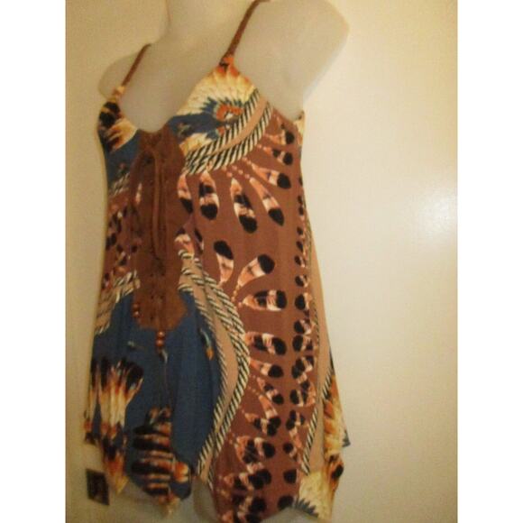 Sky Clothing Brand XS Top Handkerchief Suede Leather Printed Feathers FLAWED - Picture 3 of 6